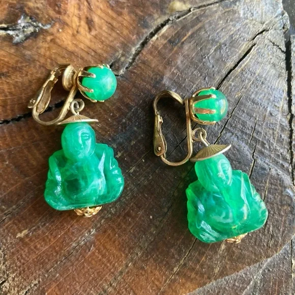 Vintage Hong Kong Signed Buddha Earrings Clip-On Dangles - Picture 1 of 10